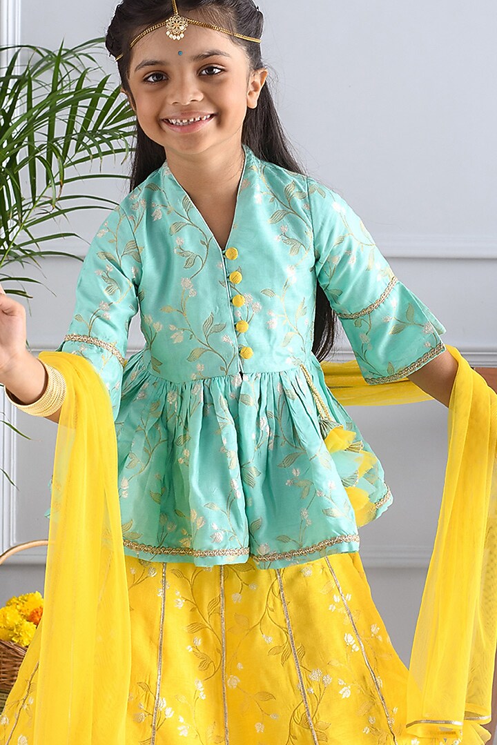 Yellow Jacquard Lehenga Set For Girls by Free Sparrow at Pernia's Pop Up Shop