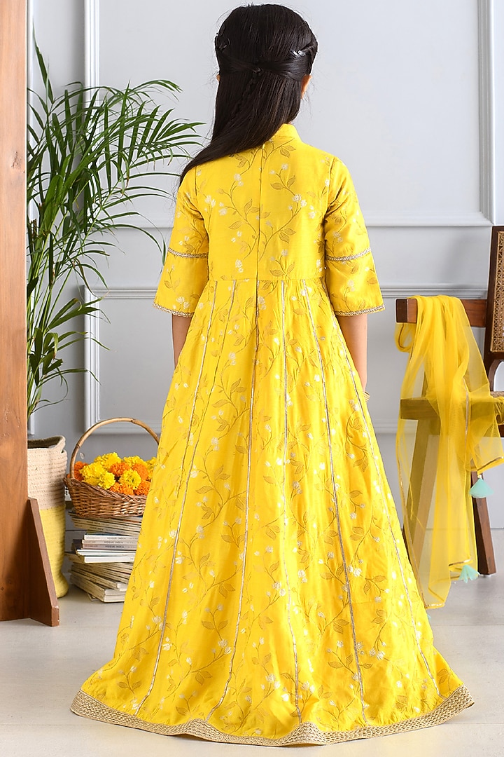 Yellow Jacquard Anarkali Set For Girls by Free Sparrow at Pernia's Pop Up Shop