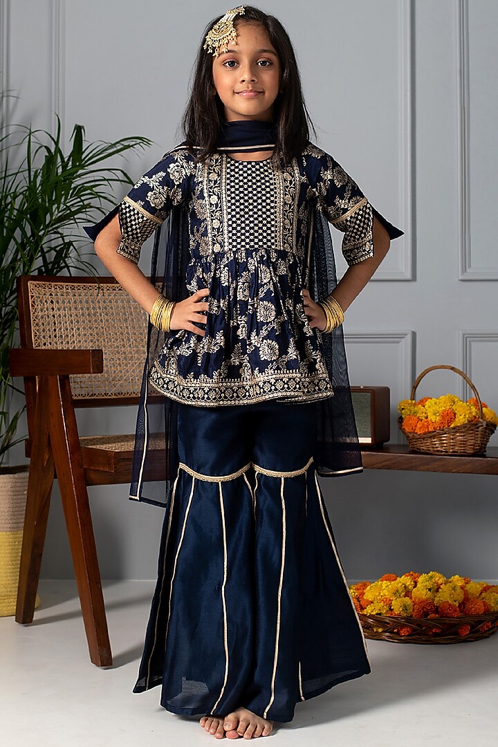 Navy Blue Silk Sharara Set For Girls by Free Sparrow