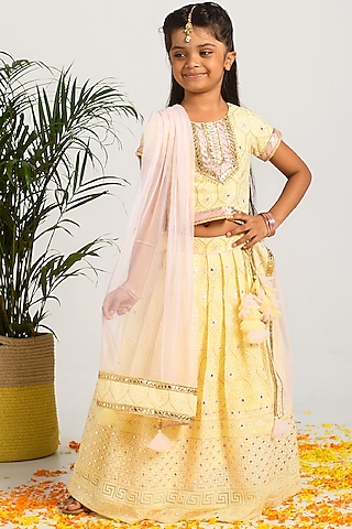 Light Yellow Embroidered Lehenga Set For Girls by Free Sparrow