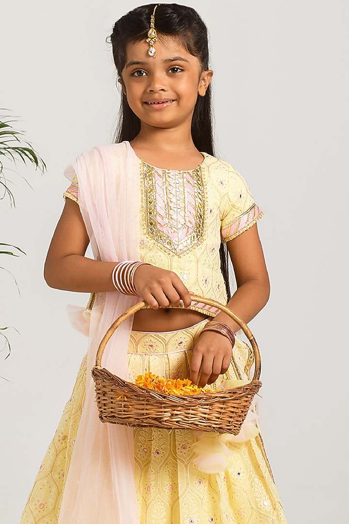 Light Yellow Embroidered Lehenga Set For Girls by Free Sparrow at Pernia's Pop Up Shop