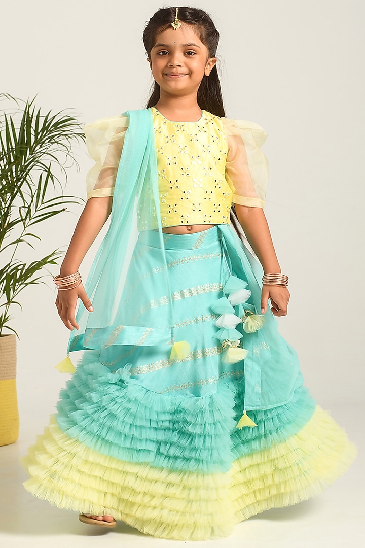 Sea-Green & Yellow Embroidered Lehenga Set For Girls by Free Sparrow at Pernia's Pop Up Shop