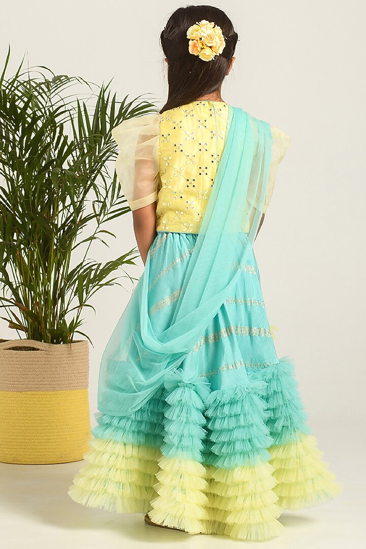 Sea-Green & Yellow Embroidered Lehenga Set For Girls by Free Sparrow at Pernia's Pop Up Shop