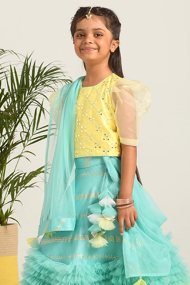 Sea-Green & Yellow Embroidered Lehenga Set For Girls by Free Sparrow at Pernia's Pop Up Shop