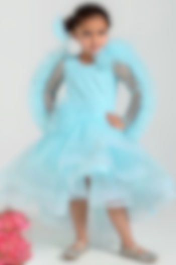 Sky Blue Tulle Ruffled Dress For Girls by Free Sparrow at Pernia's Pop Up Shop