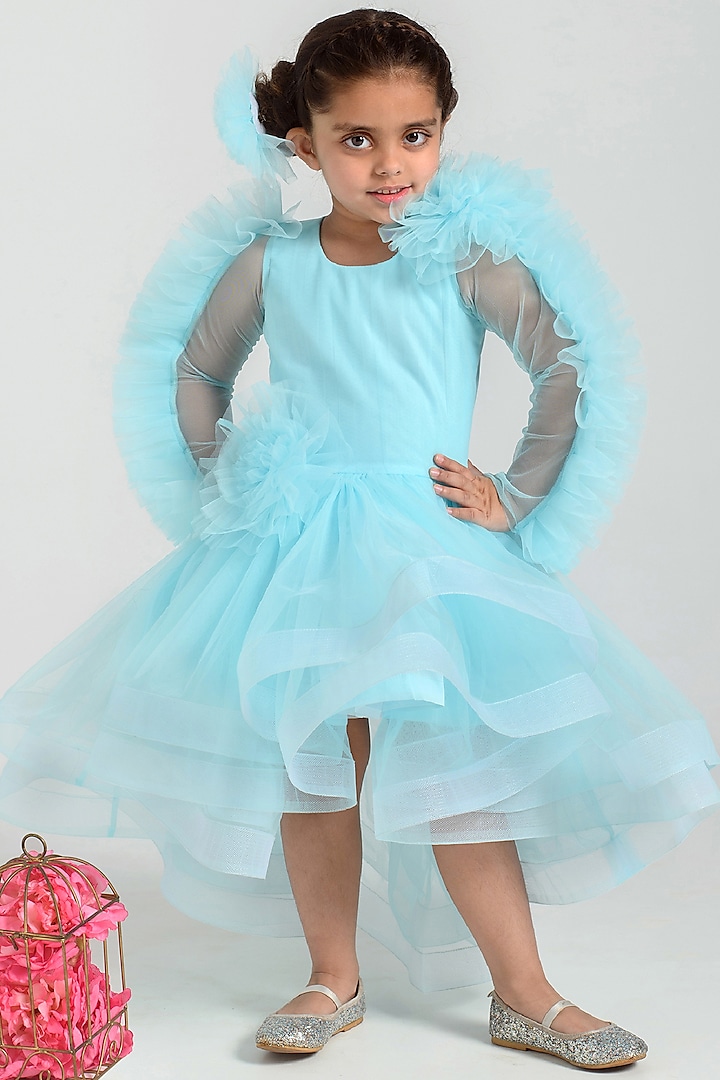 Sky Blue Tulle Ruffled Dress For Girls by Free Sparrow