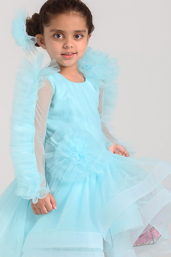 Sky Blue Tulle Ruffled Dress For Girls by Free Sparrow at Pernia's Pop Up Shop