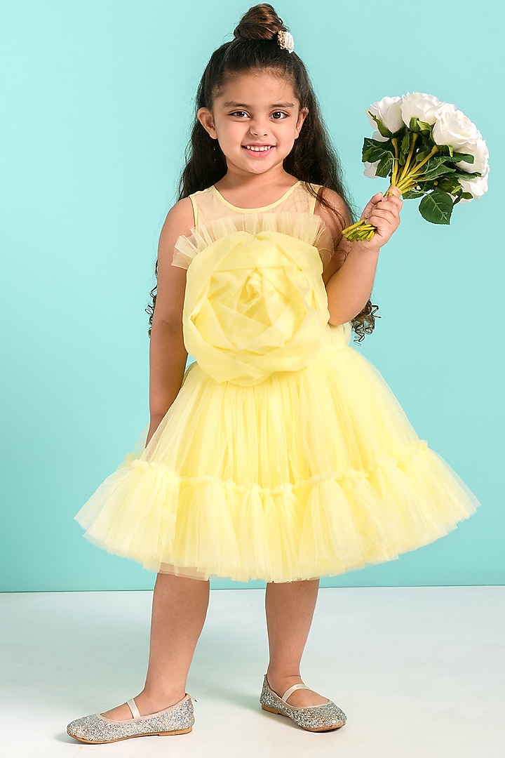 Yellow Tulle High-Low Dress For Girls by Free Sparrow