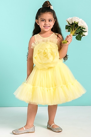 Yellow Tulle High-Low Dress For Girls by Free Sparrow