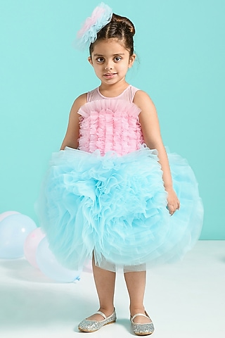 Pink & Blue Tulle Ruffled Dress For Girls by Free Sparrow