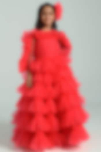 Red Tulle Ruffled Gown For Girls by Free Sparrow