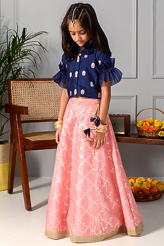 Peach Jacquard Silk Lehenga Set For Girls by Free Sparrow