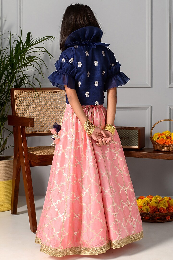 Peach Jacquard Silk Lehenga Set For Girls by Free Sparrow at Pernia's Pop Up Shop