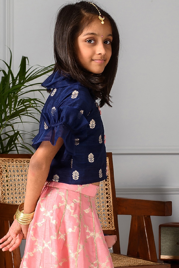 Peach Jacquard Silk Lehenga Set For Girls by Free Sparrow at Pernia's Pop Up Shop