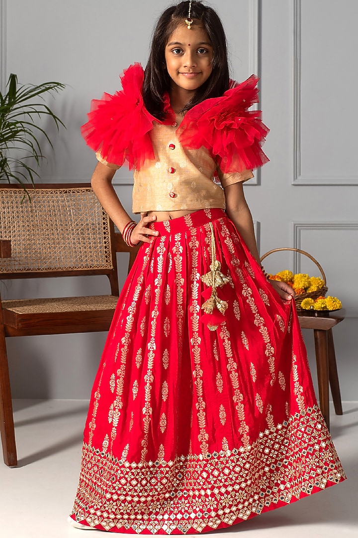 Red Net Embroidered Lehenga Set For Girls by Free Sparrow at Pernia's Pop Up Shop