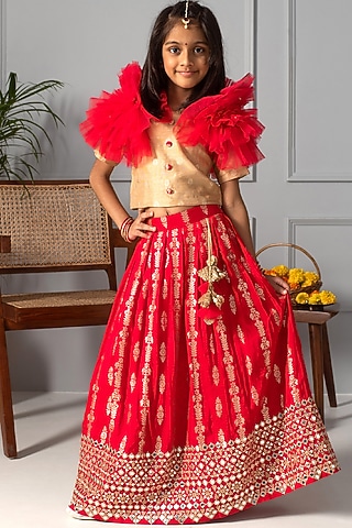 Red Net Embroidered Lehenga Set For Girls by Free Sparrow