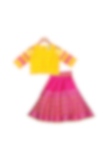 Fuchsia & Mustard Embellished Lehenga Set For Girls by Free Sparrow