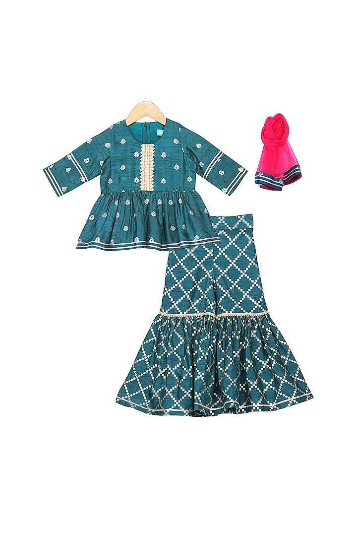 Teal & Fuchsia Sharara Set For Girls by Free Sparrow at Pernia's Pop Up Shop