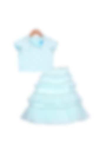 Aqua Blue Tiered Skirt With Crop Top For Girls by Free Sparrow