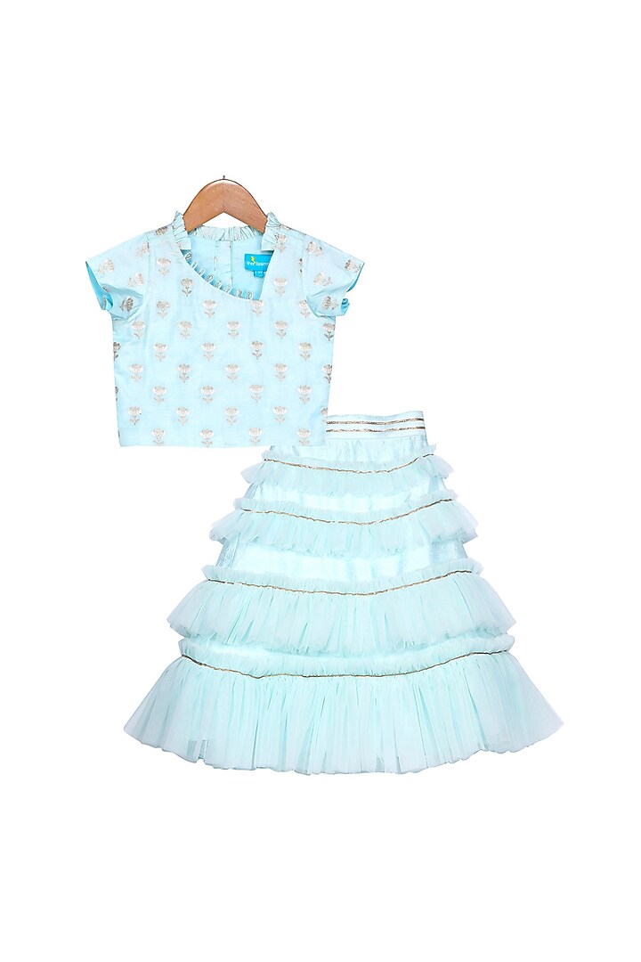 Aqua Blue Tiered Skirt With Crop Top For Girls by Free Sparrow