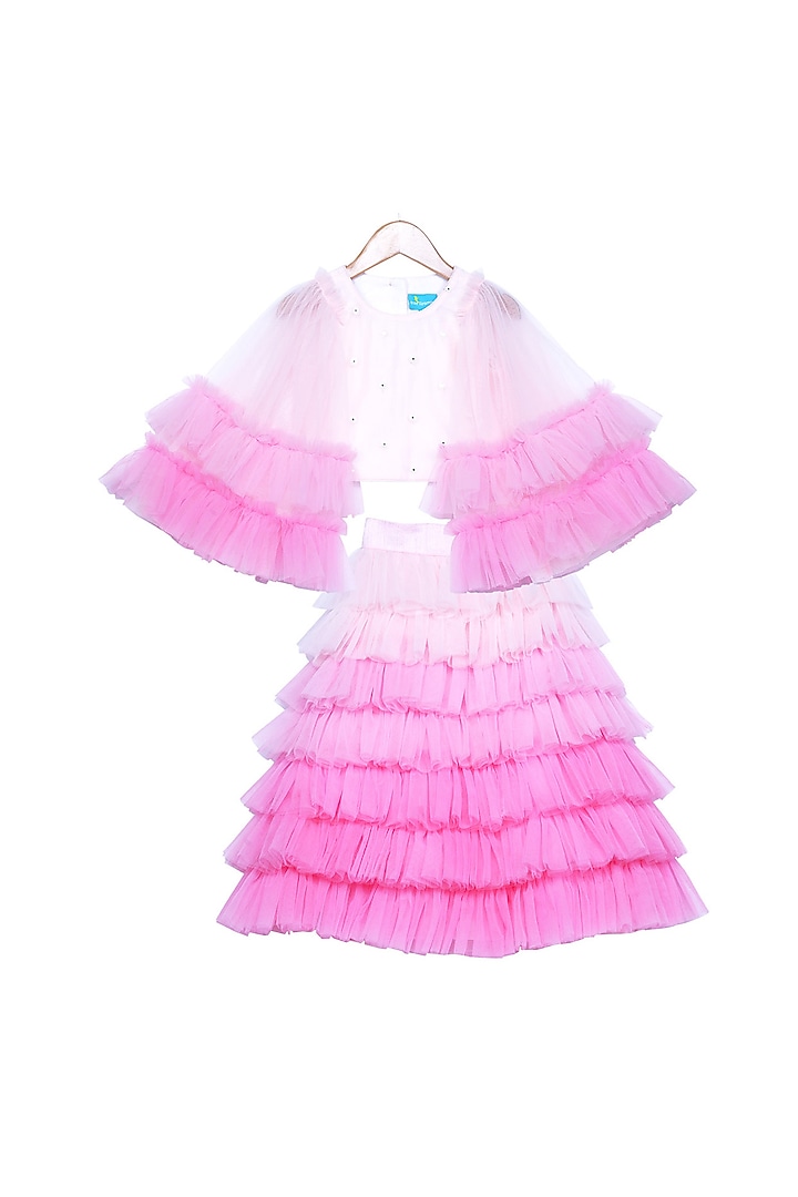 Pink Ombre Tiered Skirt With Crop Top For Girls by Free Sparrow