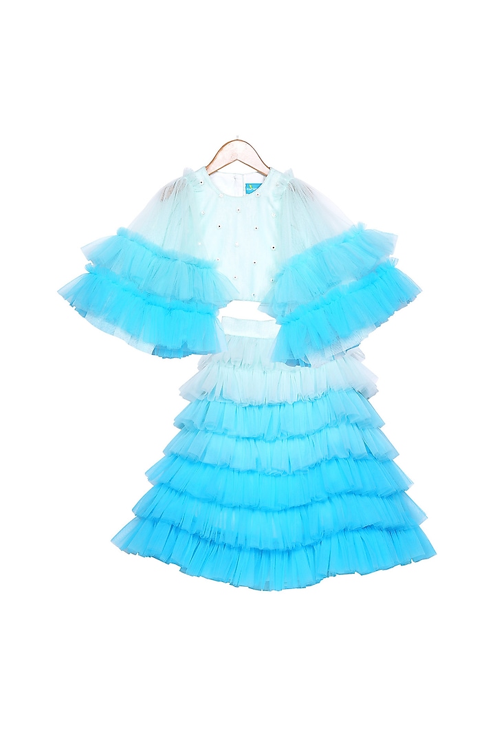 Blue Ombre Tiered Skirt With Crop Top For Girls by Free Sparrow
