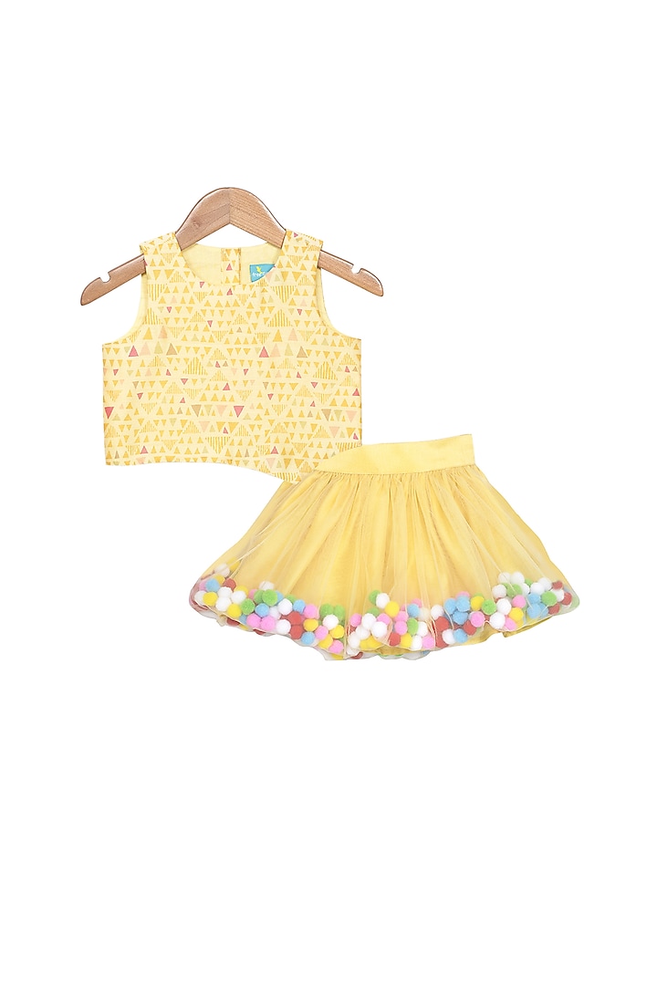 Yellow Asymmetric Crop Top With Skirt For Girls by Free Sparrow