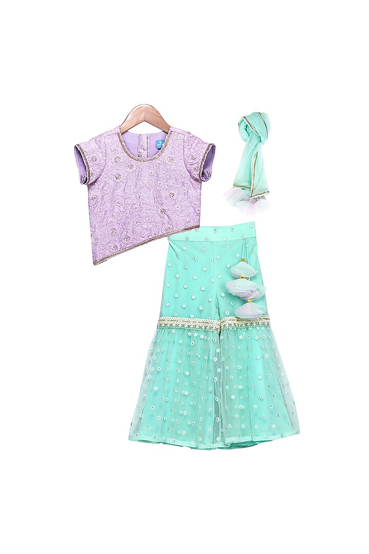 Purple & Green Mirror Worked Sharara Set For Girls by Free Sparrow at Pernia's Pop Up Shop