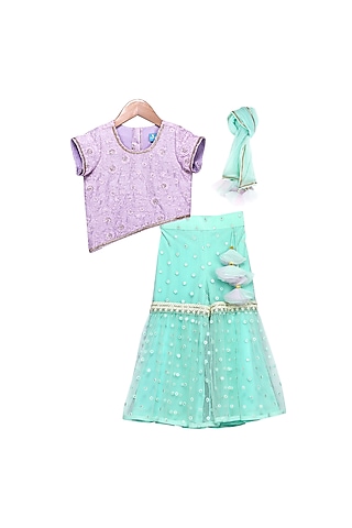 Purple & Green Mirror Worked Sharara Set For Girls by Free Sparrow