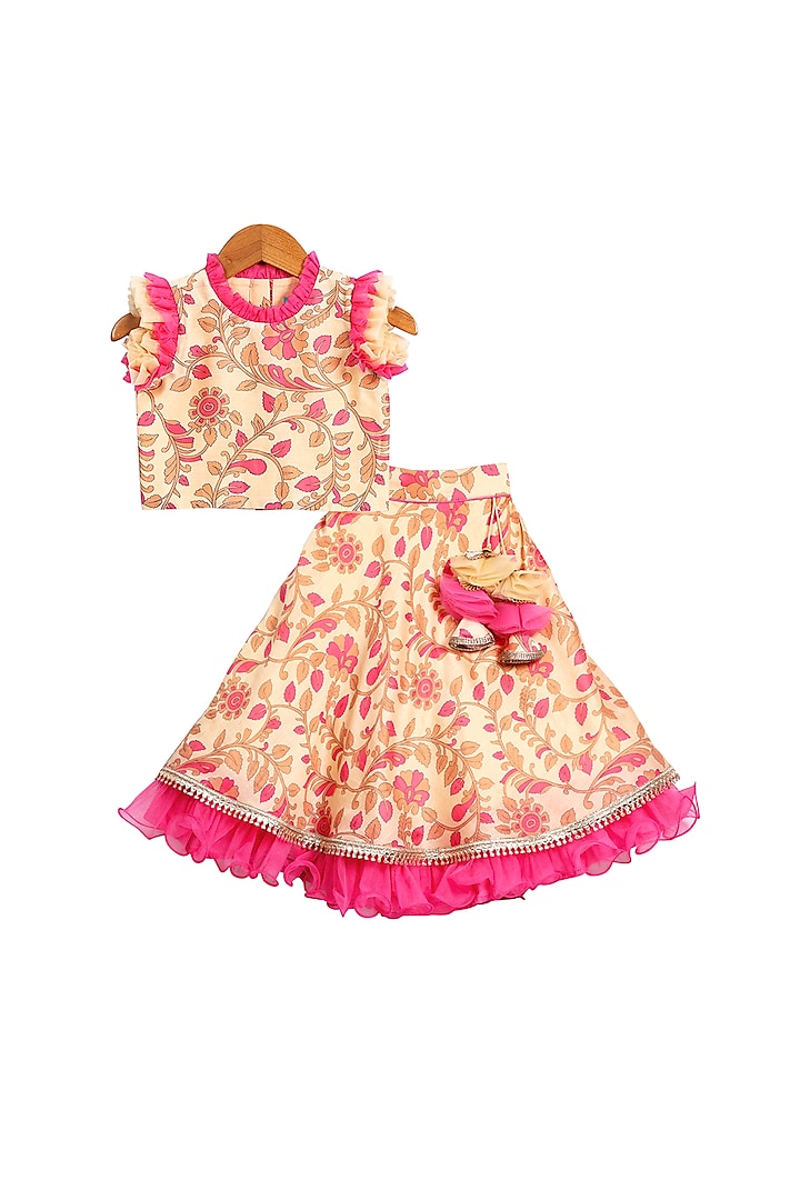 Beige & Pink Printed Lehenga Set For Girls by Free Sparrow at Pernia's Pop Up Shop