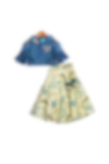 Green & Turquoise Blue Printed Lehenga Set For Girls by Free Sparrow at Pernia's Pop Up Shop