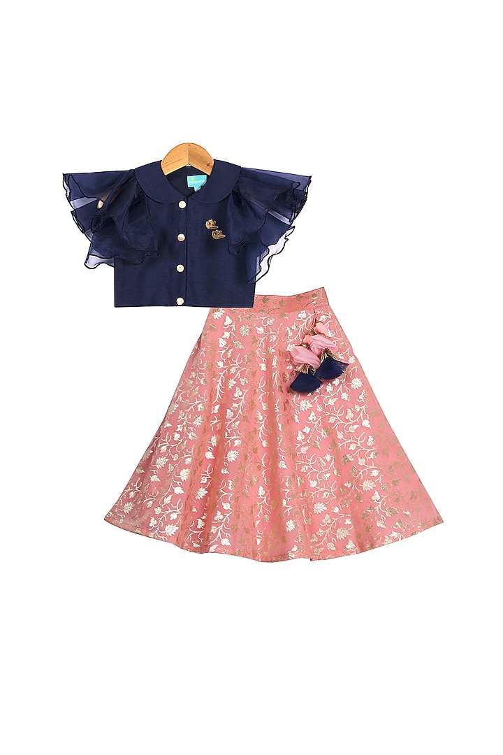 Pink & Navy Blue Banarasi Lehenga Set For Girls by Free Sparrow at Pernia's Pop Up Shop