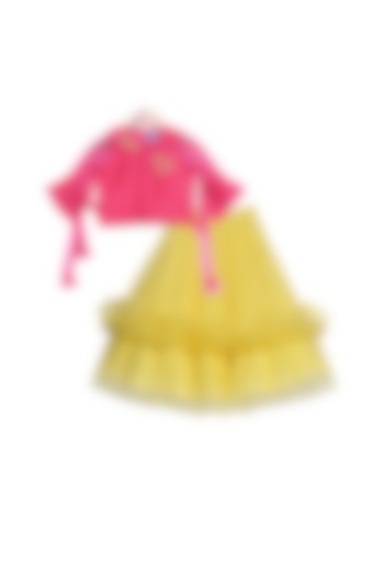 Yellow Ruffled Lehenga With Magenta Crop Top For Girls by Free Sparrow at Pernia's Pop Up Shop