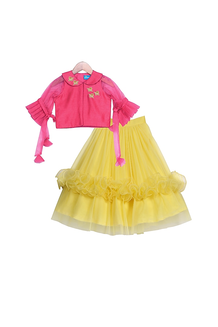 Yellow Ruffled Lehenga With Magenta Crop Top For Girls by Free Sparrow at Pernia's Pop Up Shop