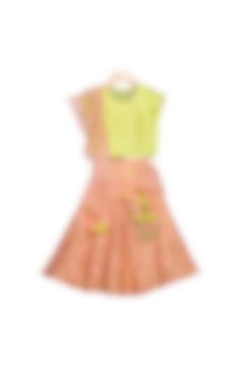 Peach & Green Brocade Lehenga Set For Girls by Free Sparrow at Pernia's Pop Up Shop