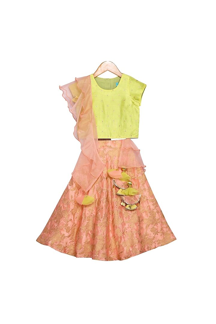 Peach & Green Brocade Lehenga Set For Girls by Free Sparrow at Pernia's Pop Up Shop