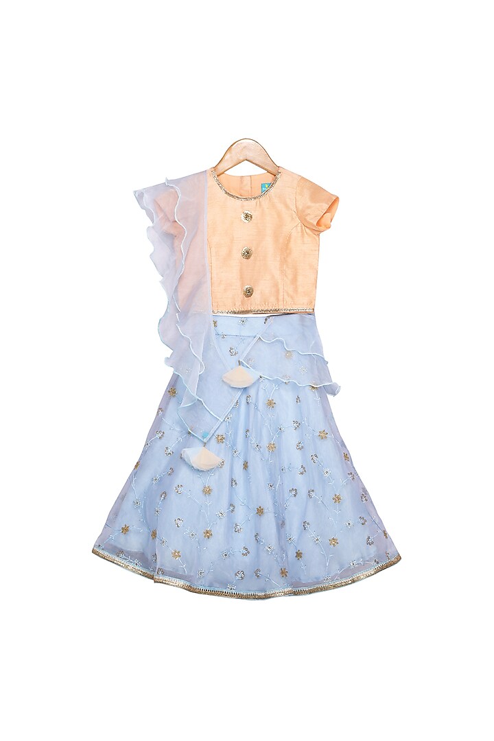 Powder Blue & Peach Embroidered Lehenga Set For Girls by Free Sparrow at Pernia's Pop Up Shop