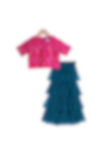 Magenta Embroidered Crop Top With Teal Tiered Pants For Girls by Free Sparrow