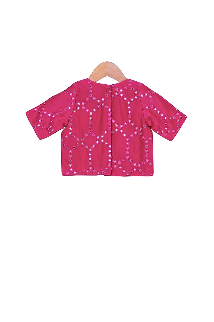 Magenta Embroidered Crop Top With Teal Tiered Pants For Girls by Free Sparrow at Pernia's Pop Up Shop