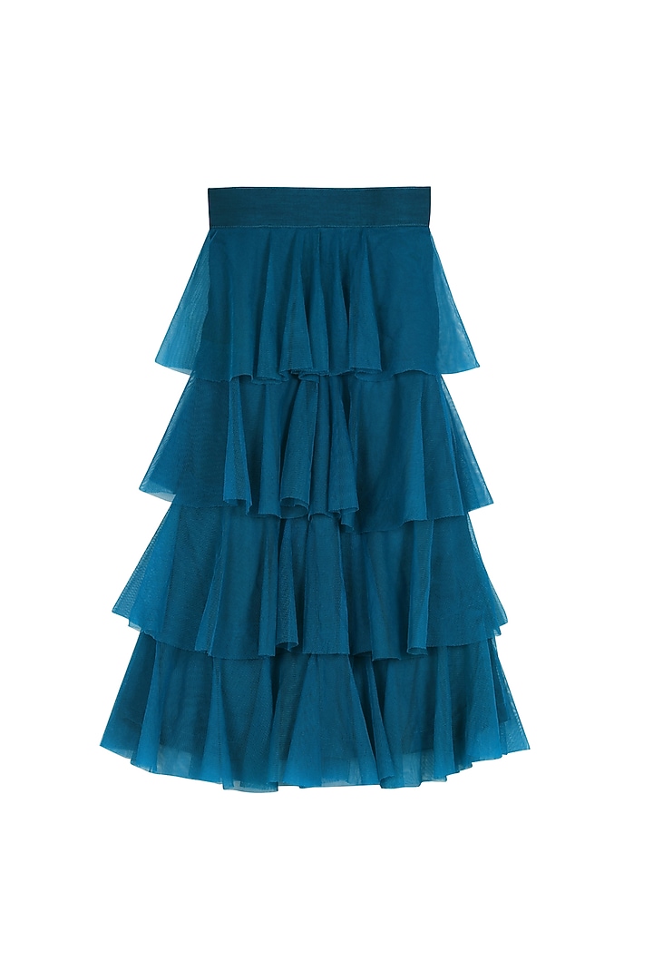 Magenta Embroidered Crop Top With Teal Tiered Pants For Girls by Free Sparrow at Pernia's Pop Up Shop