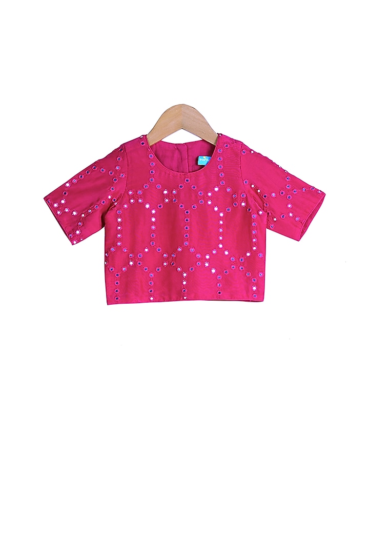 Magenta Embroidered Crop Top With Teal Tiered Pants For Girls by Free Sparrow at Pernia's Pop Up Shop