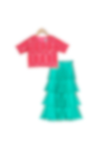 Coral Red Embroidered Crop Top With Turquoise Tiered Pants For Girls by Free Sparrow