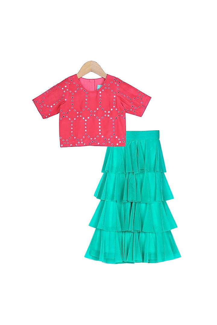 Coral Red Embroidered Crop Top With Turquoise Tiered Pants For Girls by Free Sparrow