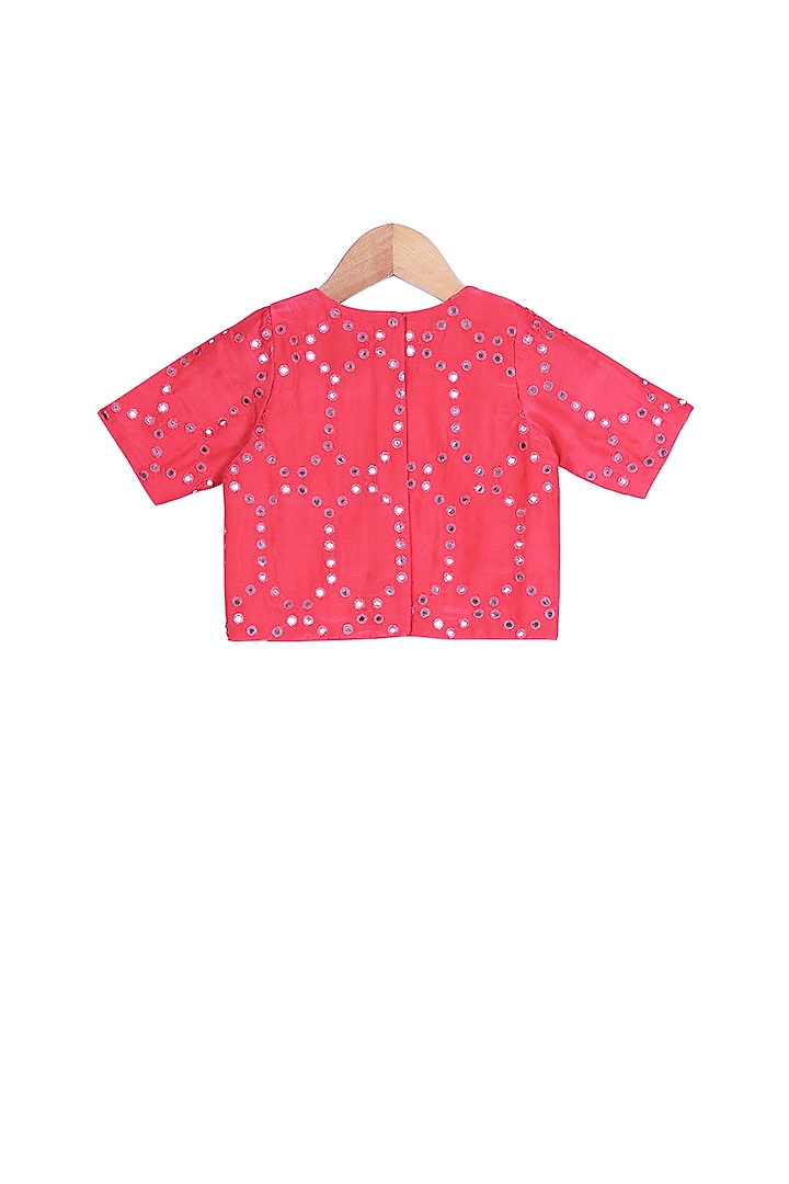 Coral Red Embroidered Crop Top With Turquoise Tiered Pants For Girls by Free Sparrow at Pernia's Pop Up Shop