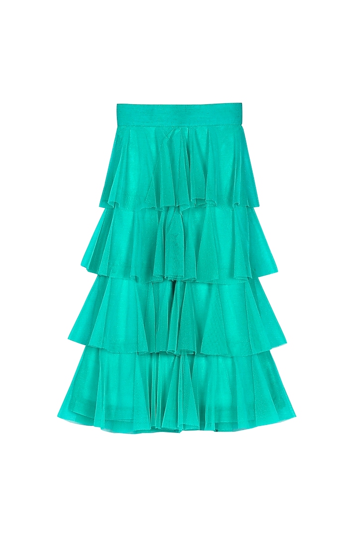 Coral Red Embroidered Crop Top With Turquoise Tiered Pants For Girls by Free Sparrow at Pernia's Pop Up Shop