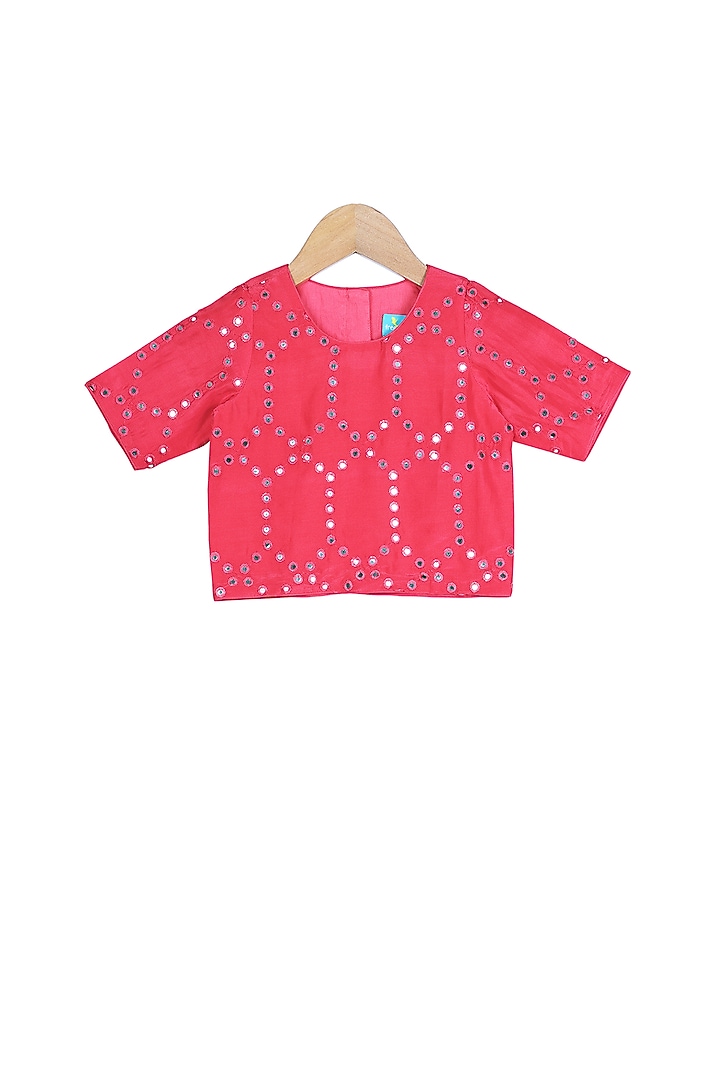 Coral Red Embroidered Crop Top With Turquoise Tiered Pants For Girls by Free Sparrow at Pernia's Pop Up Shop