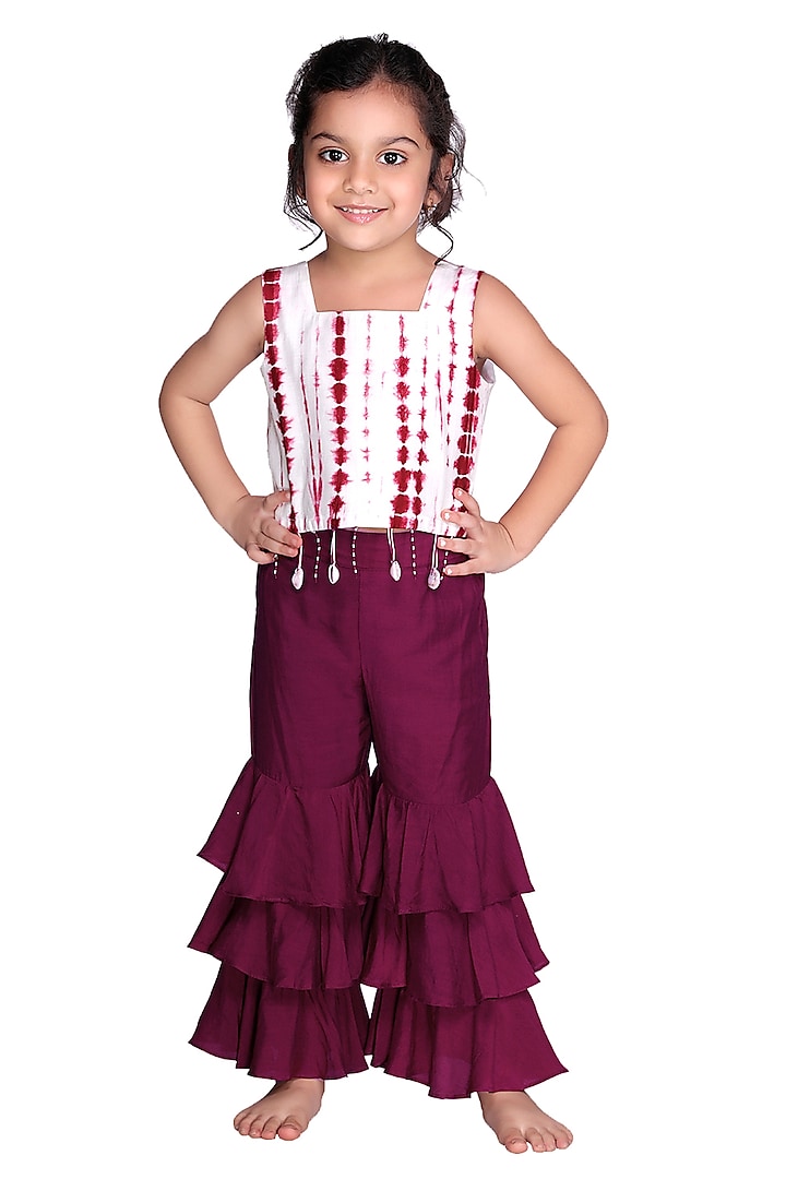 Maroon Tie-Dye & Embellished Sharara Set For Girls by Free Sparrow at Pernia's Pop Up Shop