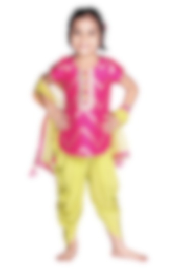 Fuchsia & Lime Green Embroidered Dhoti Set For Girls by Free Sparrow