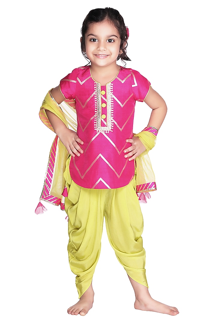 Fuchsia & Lime Green Embroidered Dhoti Set For Girls by Free Sparrow