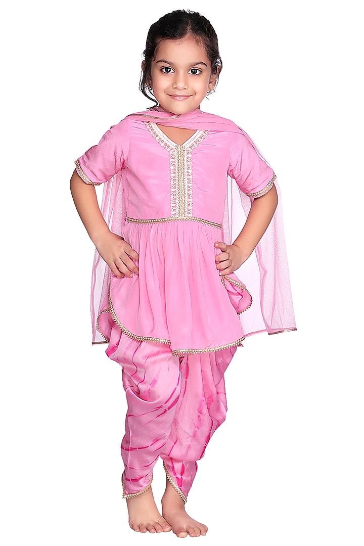Pink Tie-Dye Dhoti Set For Girls by Free Sparrow